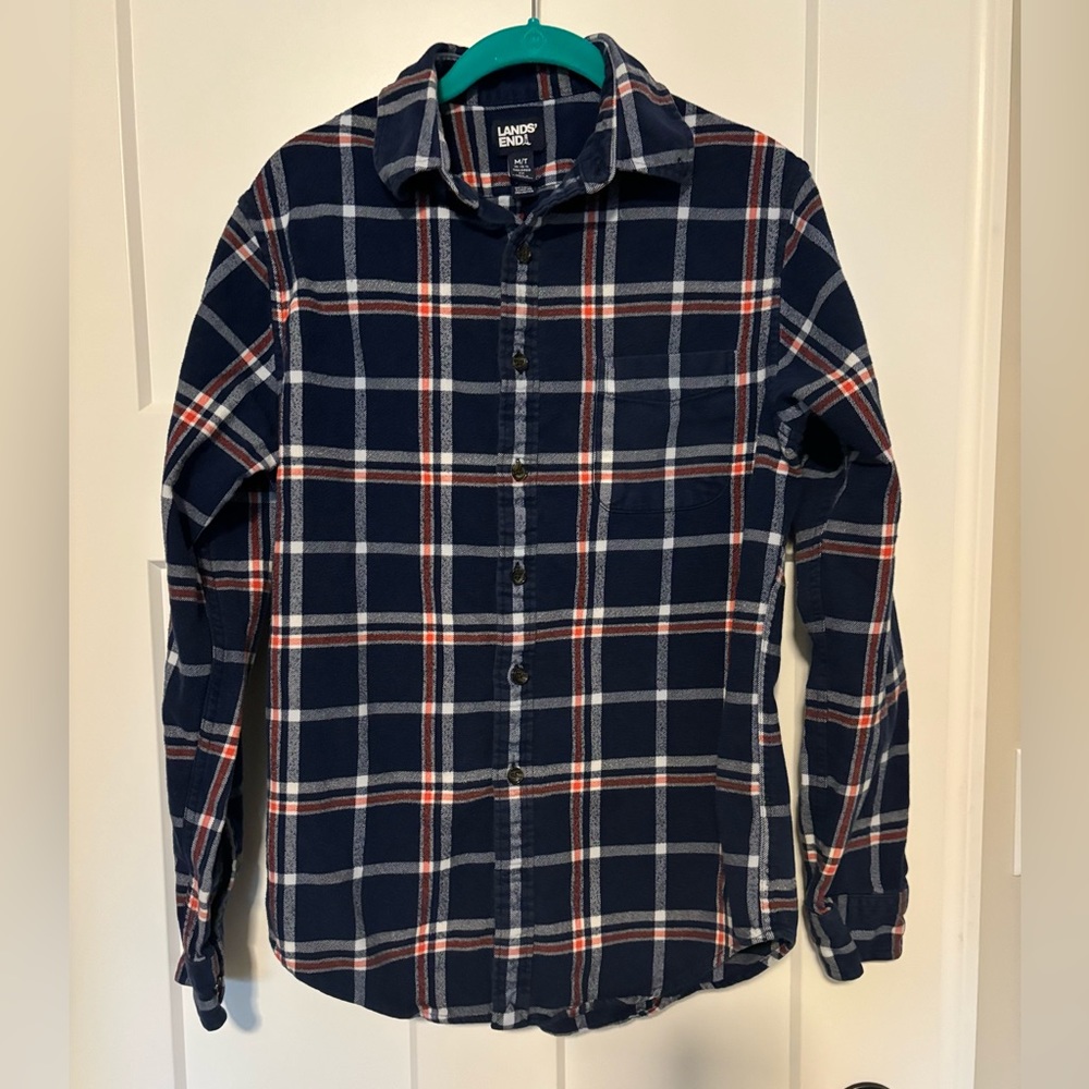 Lands End Scotch‎ Plaid Flannel.  100% Cotton Navy Red White Size M/T